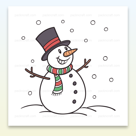Illustration de bonhomme de neige joyeux avec écharpe et chapeau, pour projets DIY et papeterie.