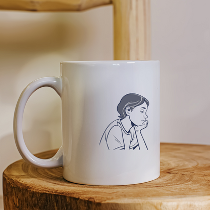 Mug avec motif d'enfant rêvant, ambiance paisible pour un moment de réflexion