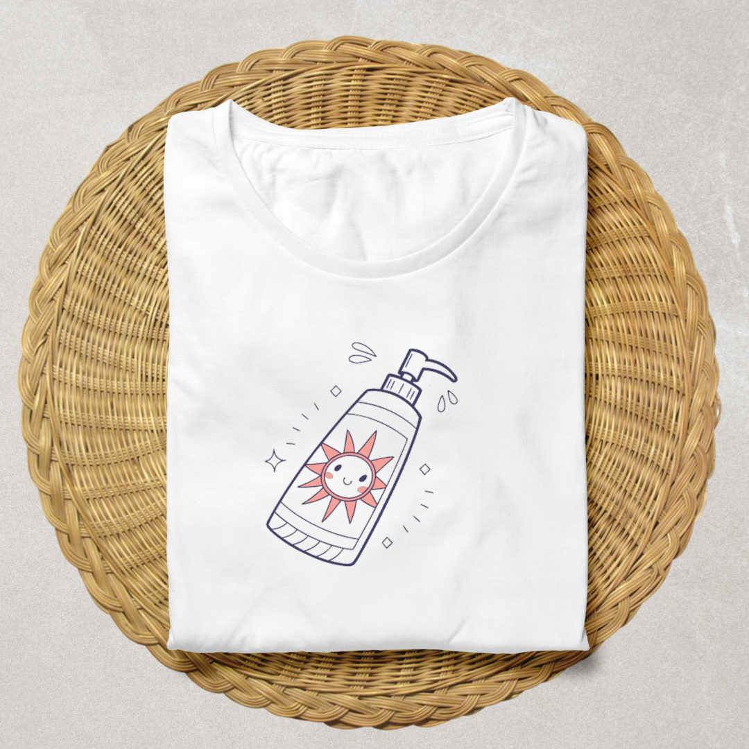 T-shirt décoré en style doodle avec icône numérique de crème solaire estivale