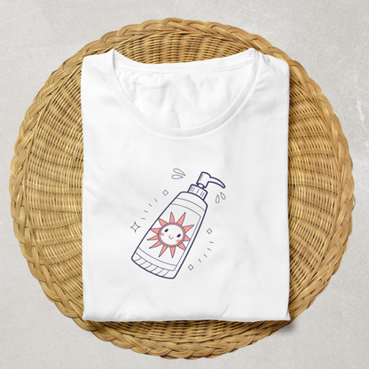 T-shirt décoré en style doodle avec icône numérique de crème solaire estivale