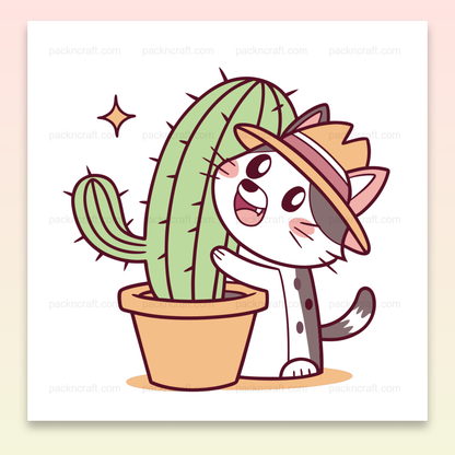 Illustration d'un chat câlinant un cactus en style kawaii, pour stickers et déco.