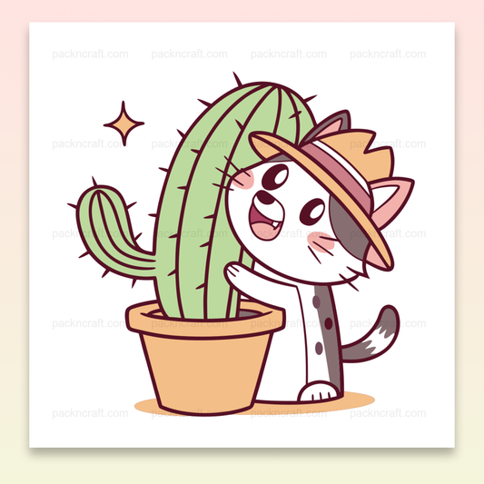 Illustration d'un chat câlinant un cactus en style kawaii, pour stickers et déco.