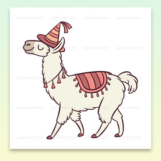 Illustration de llama festif avec chapeau de fête en style kawaii pour décoration d'anniversaire.