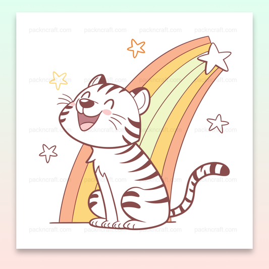 Illustration numérique de tigre joyeux sous un arc-en-ciel, parfaite pour DIY et déco.
