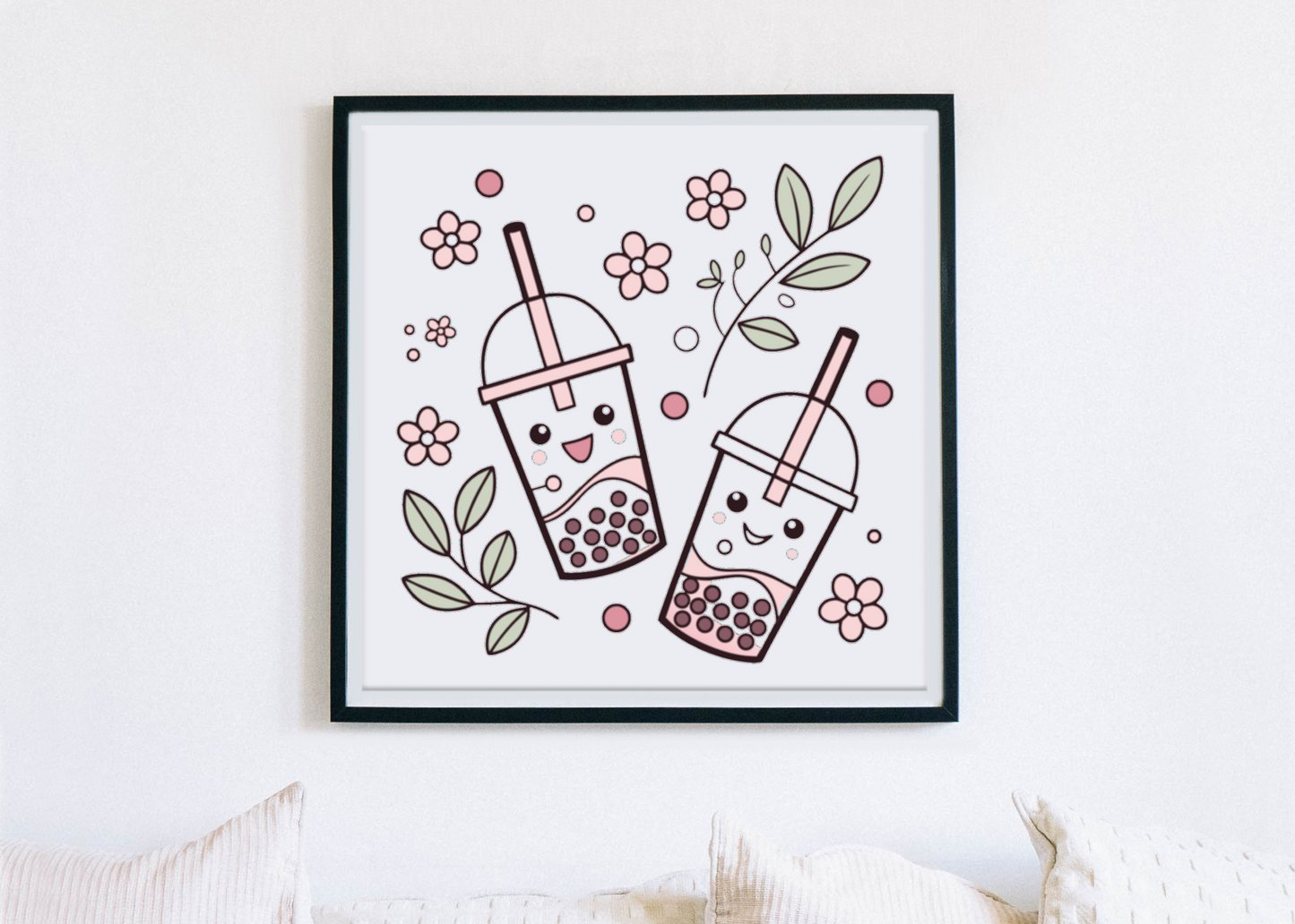 Cadre frais et pastel orné d'une délicate illustration bubble tea floral