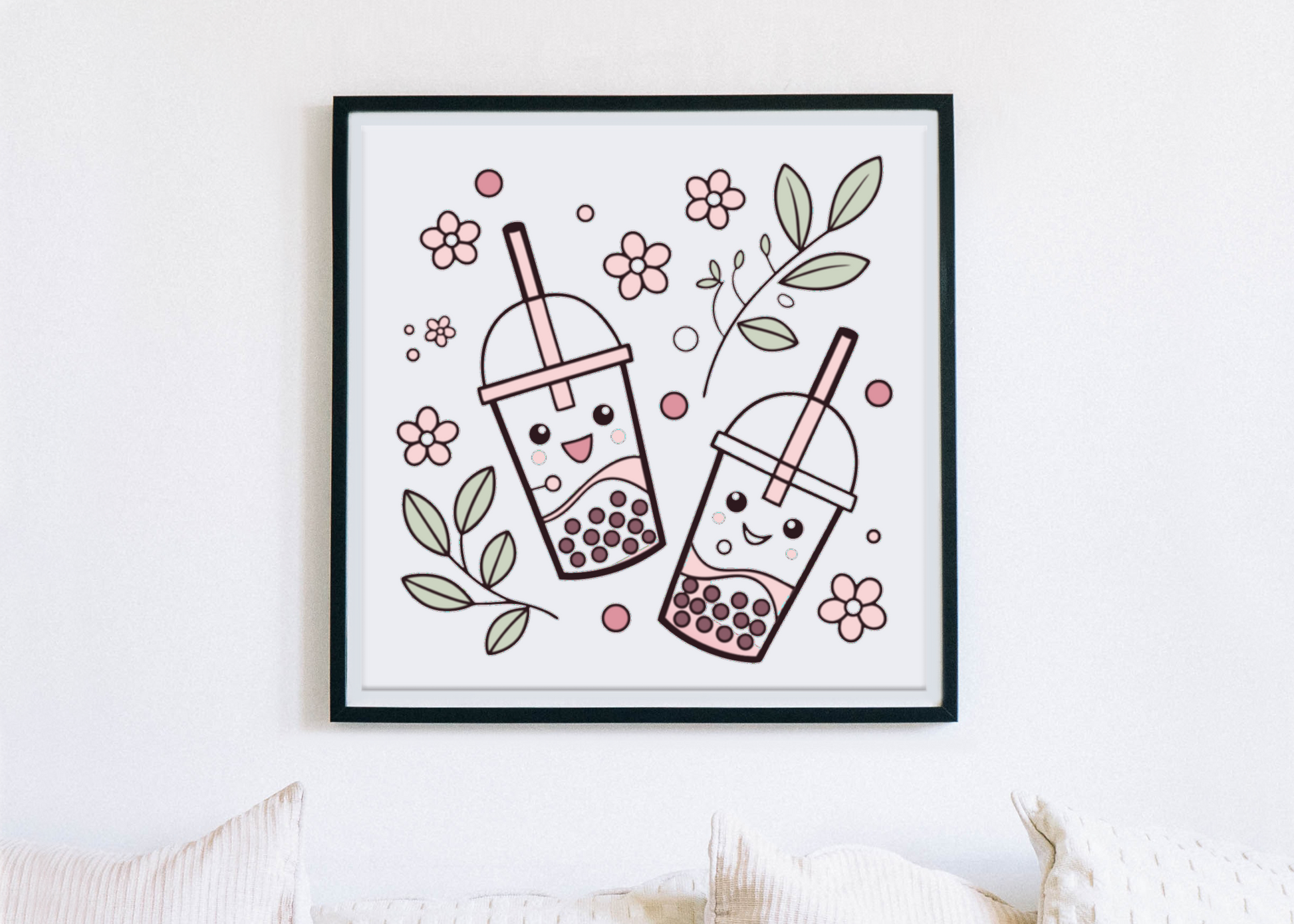 Cadre frais et pastel orné d'une délicate illustration bubble tea floral