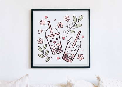 Cadre frais et pastel orné d'une délicate illustration bubble tea floral