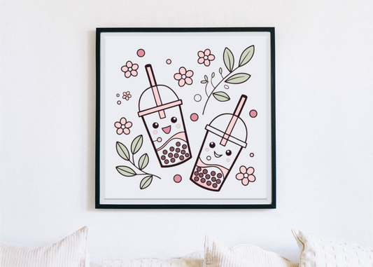 Cadre frais et pastel orné d'une délicate illustration bubble tea floral