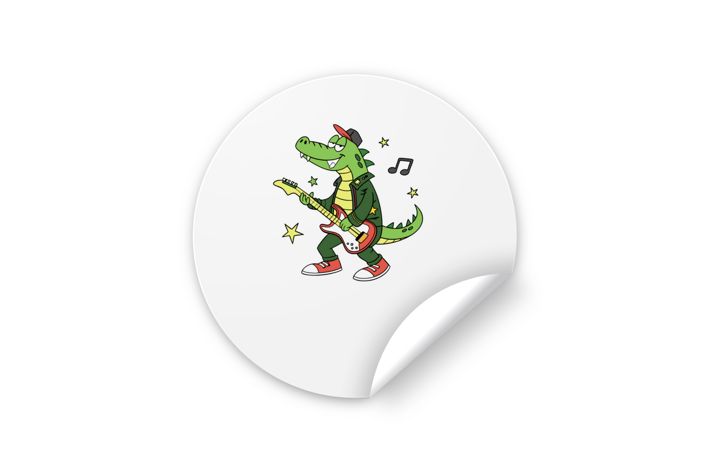 Sticker vibrant avec crocodile rockeur cartoon, ambiance musicale dynamiquement captivante