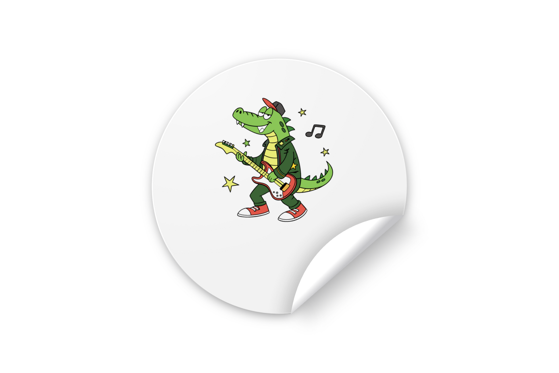 Sticker vibrant avec crocodile rockeur cartoon, ambiance musicale dynamiquement captivante