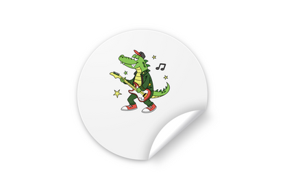 Sticker vibrant avec crocodile rockeur cartoon, ambiance musicale dynamiquement captivante