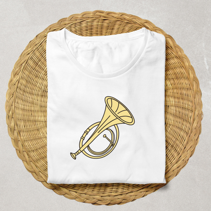 T-shirt artistique avec tuba stylisé dans un cadre musical harmonieux