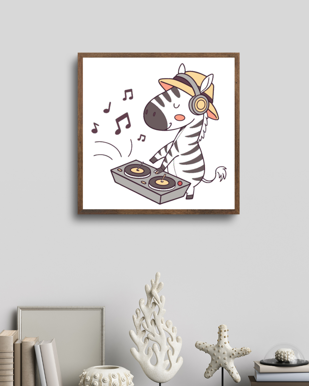 Cadre décoratif avec un zèbre DJ dans un style doodle pour ambiance festive musicale