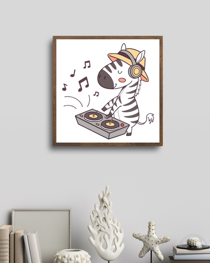 Cadre décoratif avec un zèbre DJ dans un style doodle pour ambiance festive musicale