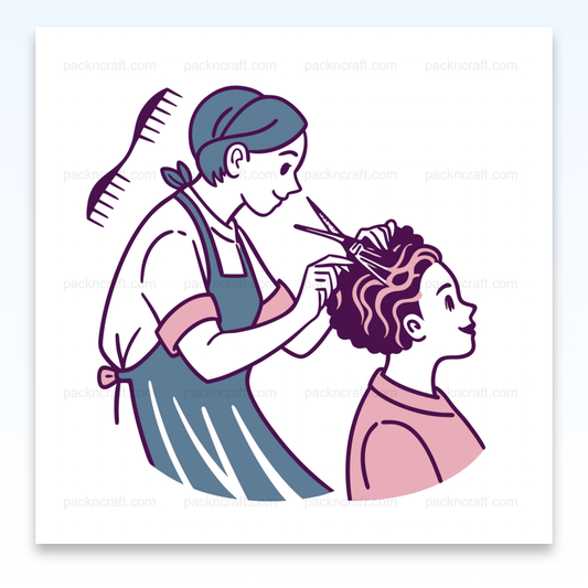 Illustration d'une coiffeuse accomplissant une coupe vintage, Visuel pour mug avec coiffeuse en plein travail dans un salon vintage, Art encadré d'une coiffeuse coupant les cheveux dans un cadre élégant, Design de t-shirt montrant une coiffeuse au travail dans une ambiance rétro, Sticker stylisé d'une coiffeuse coupant les cheveux avec art