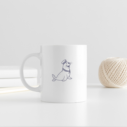 Mug avec phoque souriant en monochrome évoquant une aventure maritime charmante