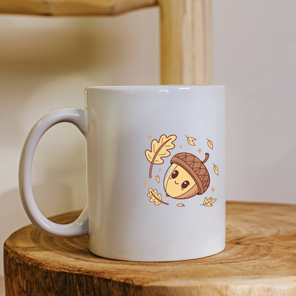 Mug avec motif gland au sourire automnal dans un style kawaii et thème forestier