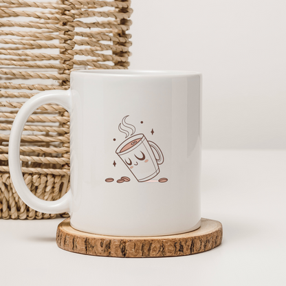 Mug décoré d'un motif cartoon évoquant un moment cosy et rêveur