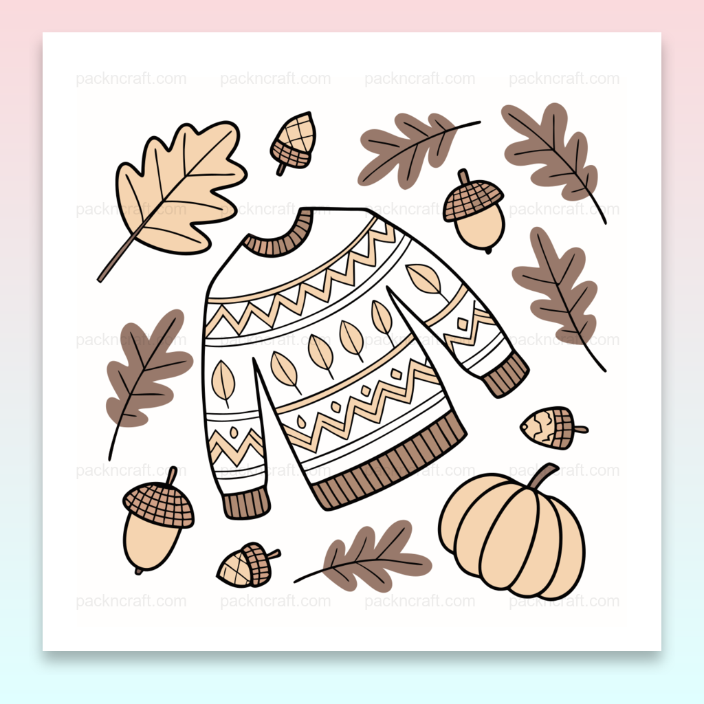 Illustration d'un pull d'automne cosy avec feuilles et citrouilles, idéale pour déco DIY.