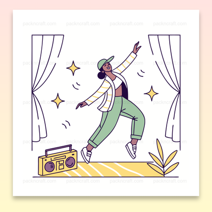 Illustration de danseur dynamique sur scène avec boombox, Imprimé de danseur sur t-shirt avec style urbain, Cadre artistique avec danseur et ambiance musicale, Tasse décorative avec illustration de danse moderne, Sticker vibrant de danseur pour personnalisation