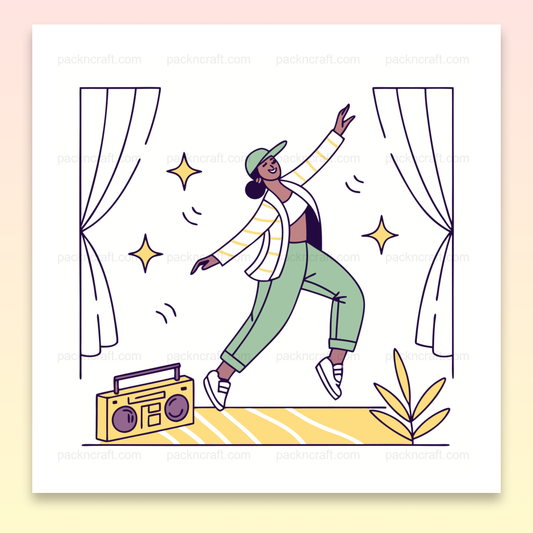 Illustration de danseur dynamique sur scène avec boombox, Imprimé de danseur sur t-shirt avec style urbain, Cadre artistique avec danseur et ambiance musicale, Tasse décorative avec illustration de danse moderne, Sticker vibrant de danseur pour personnalisation