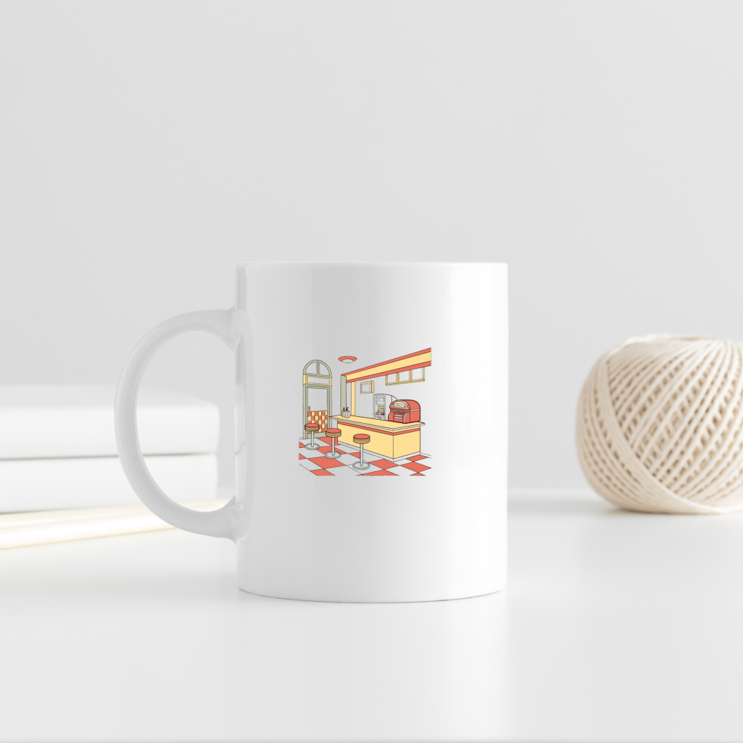 Mug personnalisé avec design rétro diner américain pour un style unique.