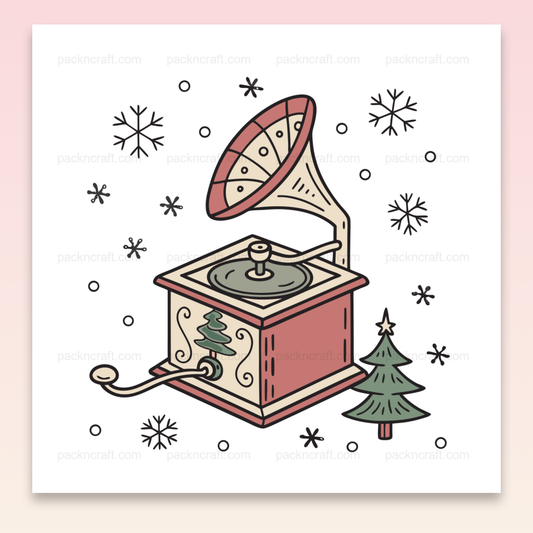 Illustration kawaii d'un phonographe festif dans un thème hivernal avec flocons.