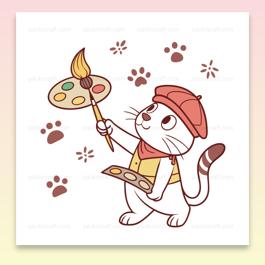 Illustration d'un chat artiste joyeux, idéale pour projets DIY et papeterie.