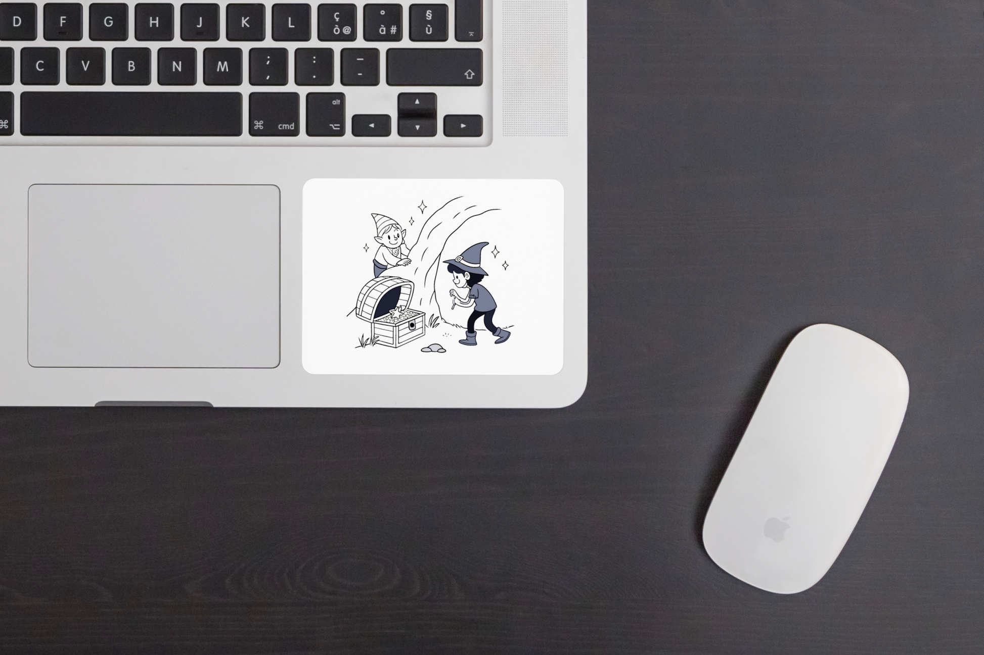 Sticker avec lutin joyeux trouvant un trésor dans une aventure numérique magique
