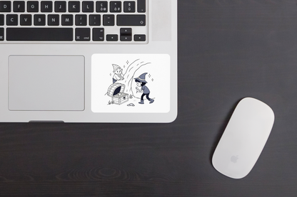 Sticker avec lutin joyeux trouvant un trésor dans une aventure numérique magique