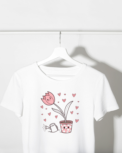 T-shirt orné d'une tulipe kawaii souriante dans un pot à pois au style Love Garden