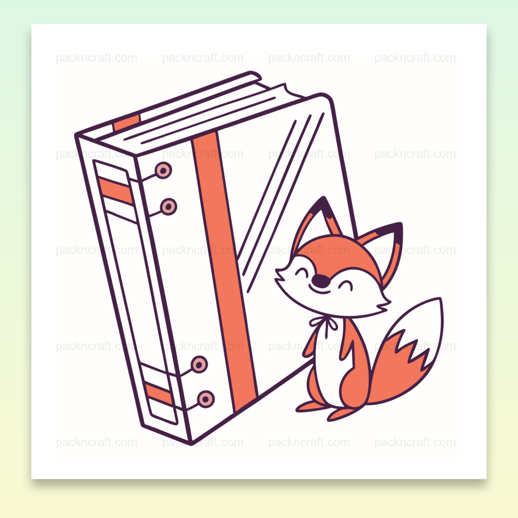 Renard joyeux avec un classeur, illustration kawaii pour projets éducatifs et créatifs.