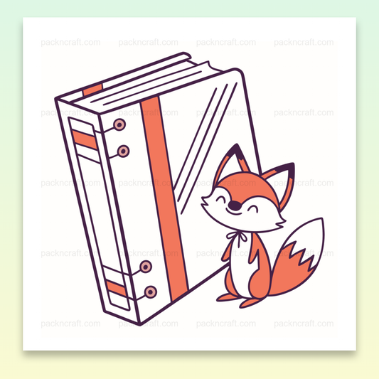 Renard joyeux avec un classeur, illustration kawaii pour projets éducatifs et créatifs.