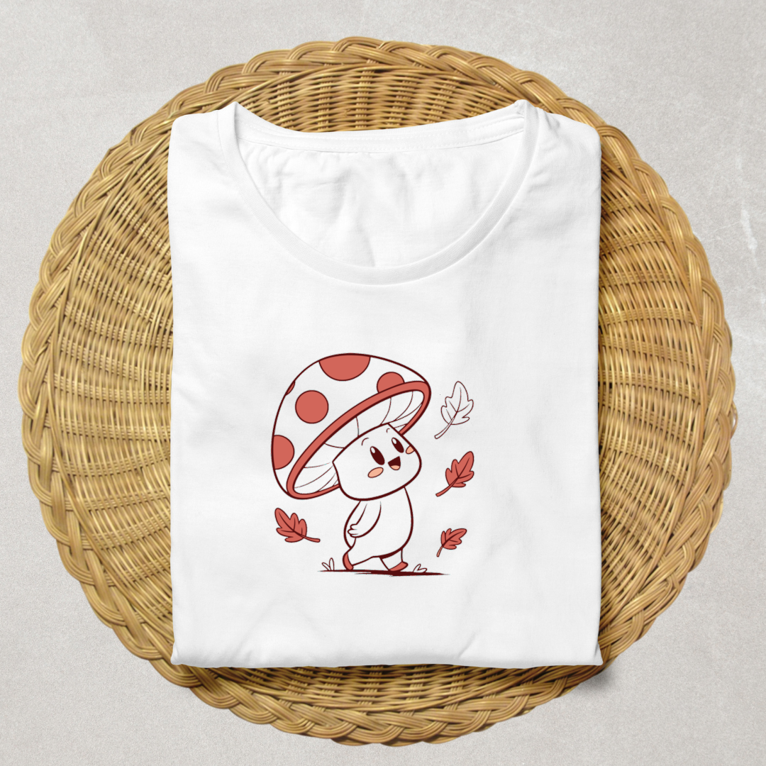 T-shirt avec champignon joyeux, style pastel, ambiance forêt magique