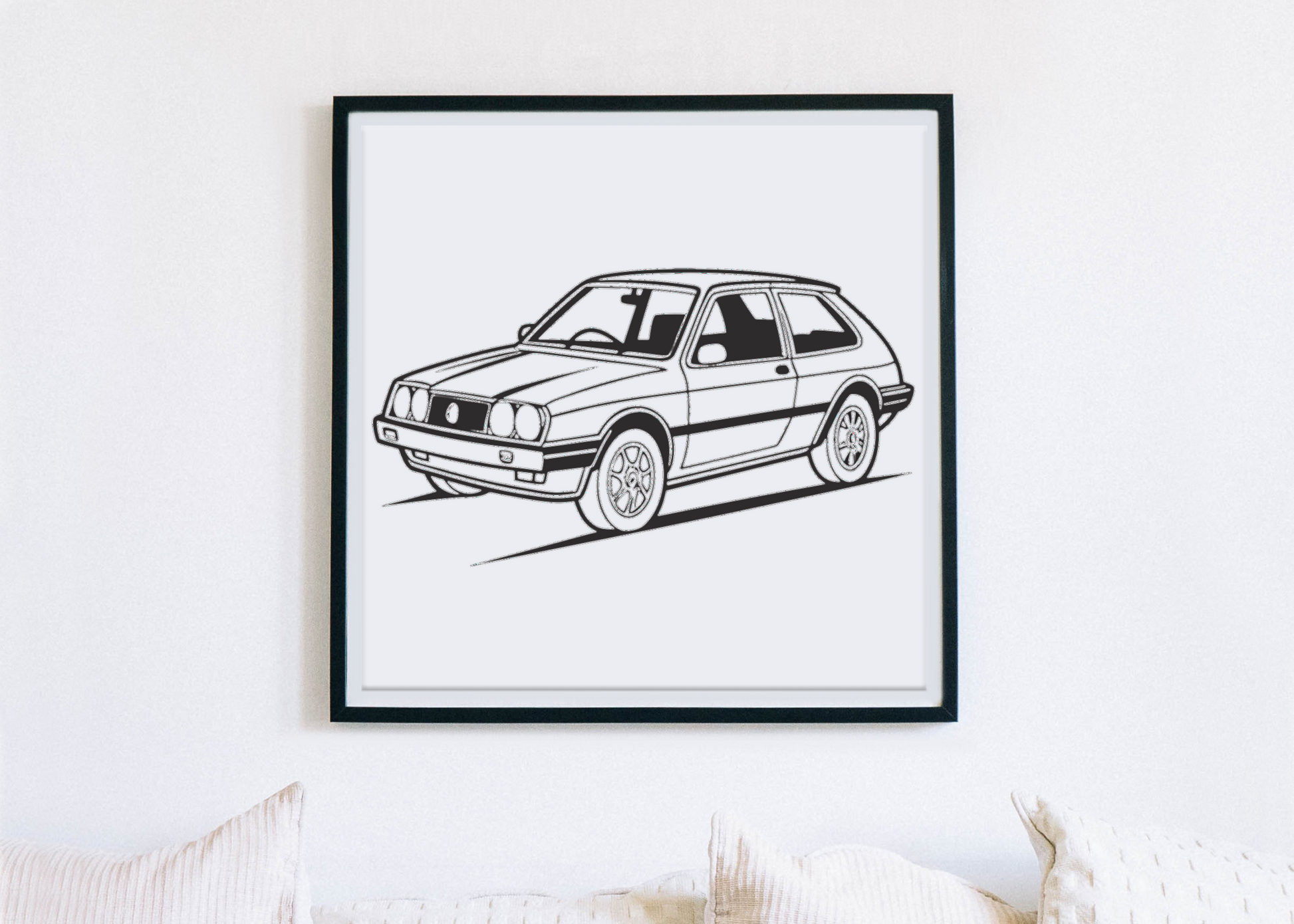 Cadre décoratif avec illustration vintage de voiture de rallye.