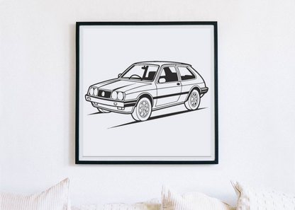 Cadre décoratif avec illustration vintage de voiture de rallye.