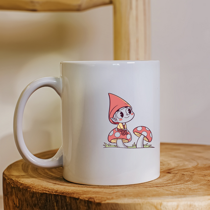 Mug orné d’un lutin rêveur sur un champignon dans un décor féerique cartoon