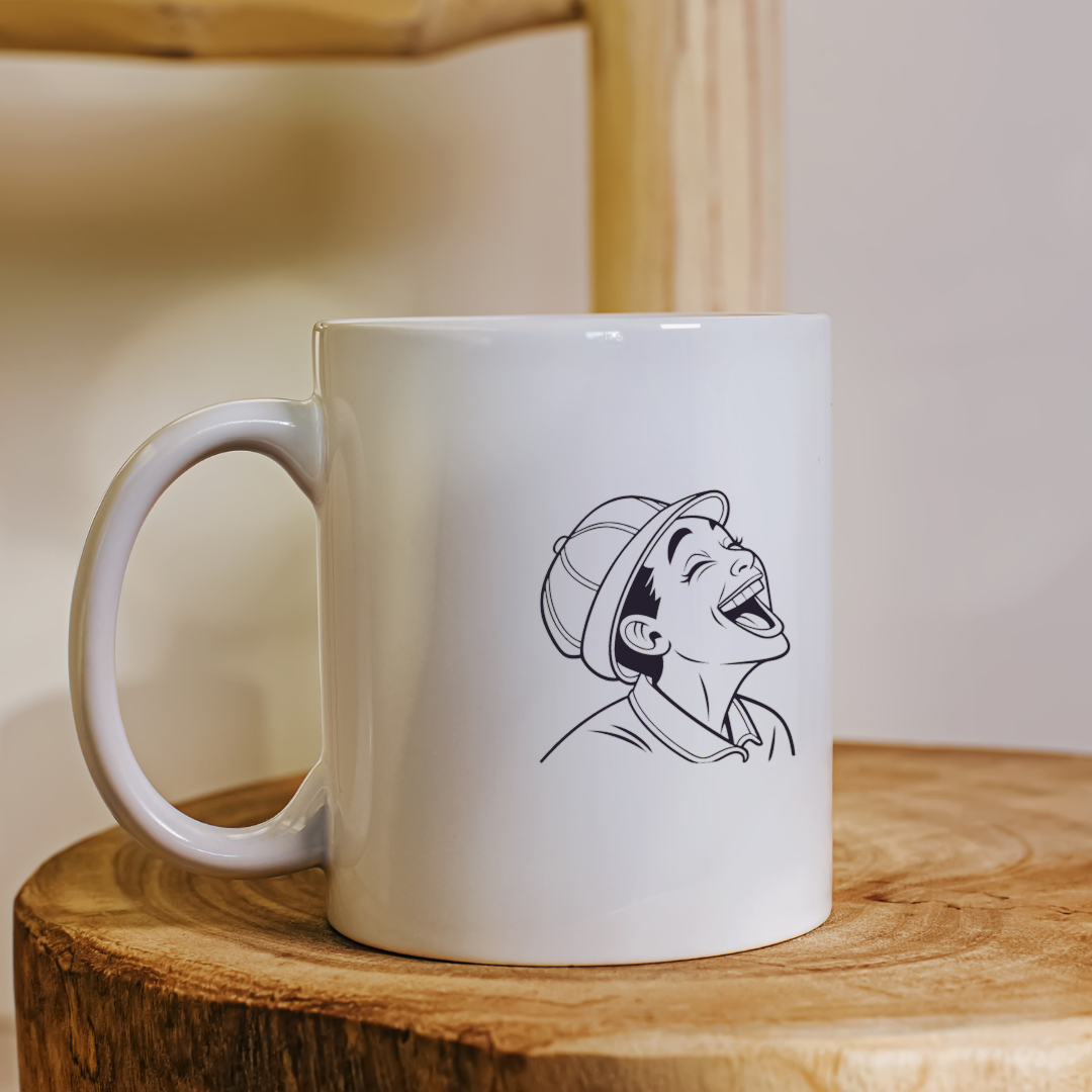 Mug joyeux avec casque stylisé, éclat de rires vibrants en style contemporain