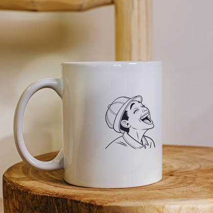 Mug joyeux avec casque stylisé, éclat de rires vibrants en style contemporain