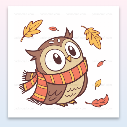 Illustration de chouette en écharpe avec des feuilles automnales, idéal pour la déco DIY