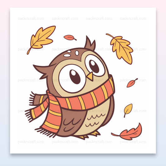 Illustration de chouette en écharpe avec des feuilles automnales, idéal pour la déco DIY