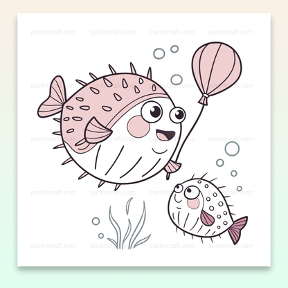 Illustration d'un poisson globe tenant un ballon, style SVG doux, thème marin.