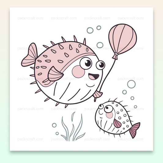Illustration d'un poisson globe tenant un ballon, style SVG doux, thème marin.