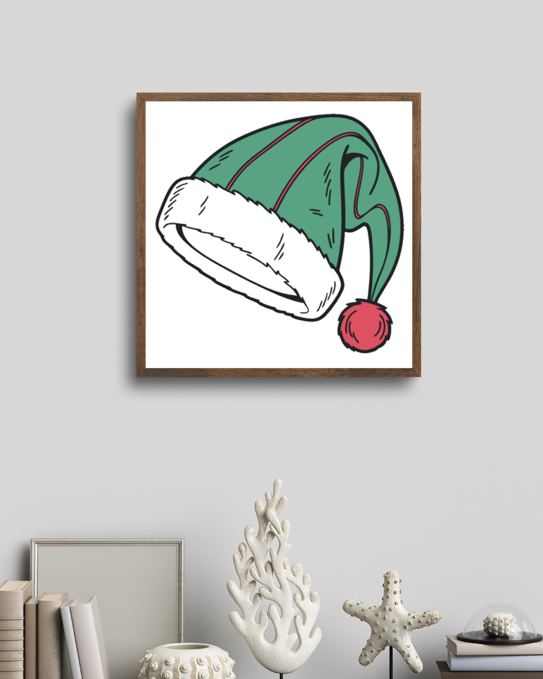 Cadre festif avec chapeau de Noël coloré, parfait pour une déco joyeuse et unique