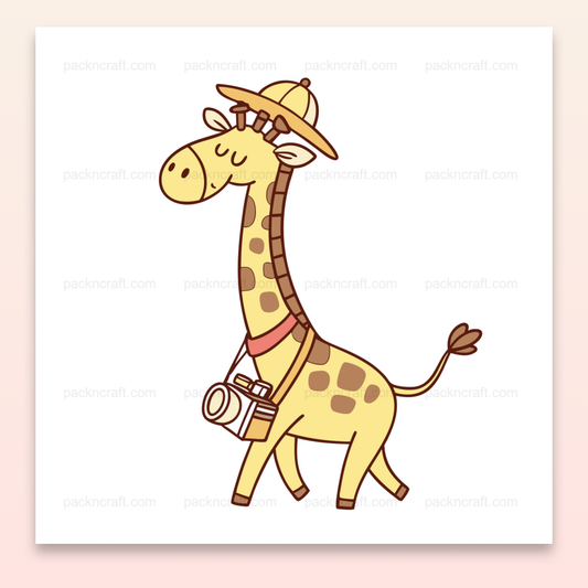 Girafe exploratrice avec un appareil photo, idéale pour l'art mural et les projets créatifs.