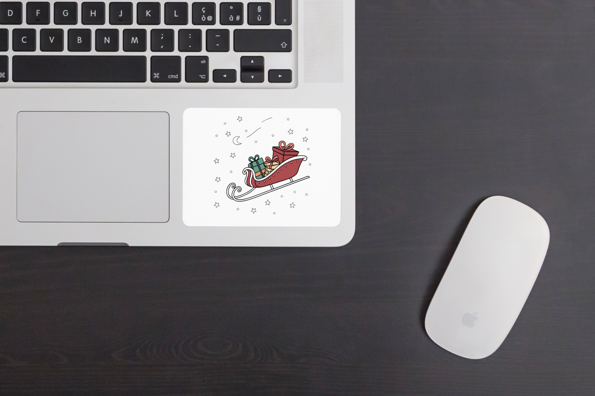 Sticker festif avec un traîneau volant chargé de cadeaux sur fond de nuit étoilée