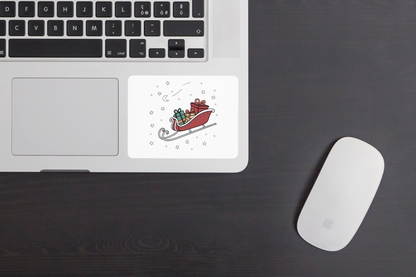 Sticker festif avec un traîneau volant chargé de cadeaux sur fond de nuit étoilée