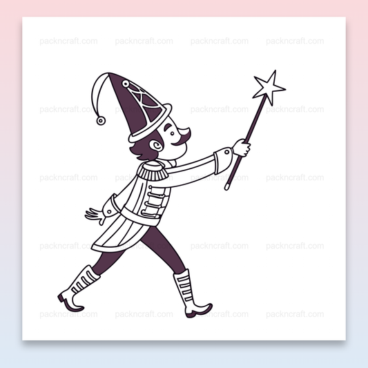 Illustration d'un sorcier joyeux avec baguette magique, style monochrome