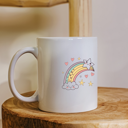 Mug décoré d'un dessin pastel joyeux avec arc-en-ciel et étoiles pour enfants