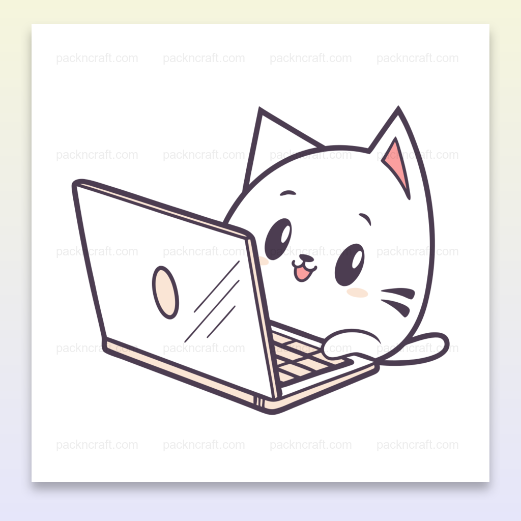 Illustration kawaii d'un chat mignon travaillant sur ordinateur pour usage créatif
